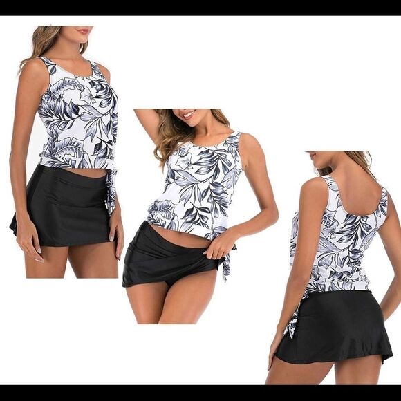 Black white tropical leaf tankini swimwear top SzL - Picture 1 of 9